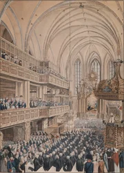 A városi tanácsosok beiktatása a Szent Miklós-templomban, 1808 (toll, tinta és wc papíron)